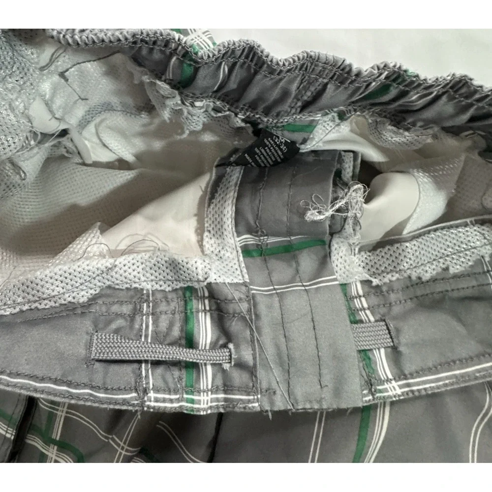 OP Ocean Pacific Board Shorts Men M 32/34 Grey/Green Windowpane Cargo Swim‎ READ